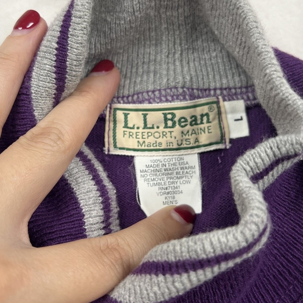 L.L. Bean Mock Neck Shirt Mens Large Purple Grey Stripe Long Sleeve USA Made - Picture 4 of 8